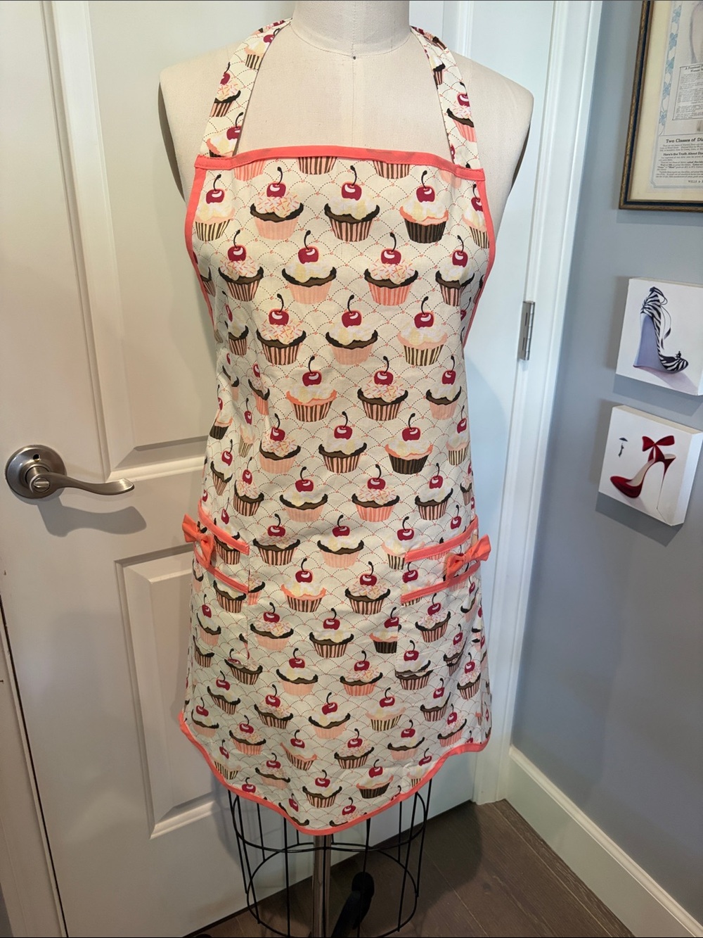Cupcake Print Kitchen Apron with Coral Trim